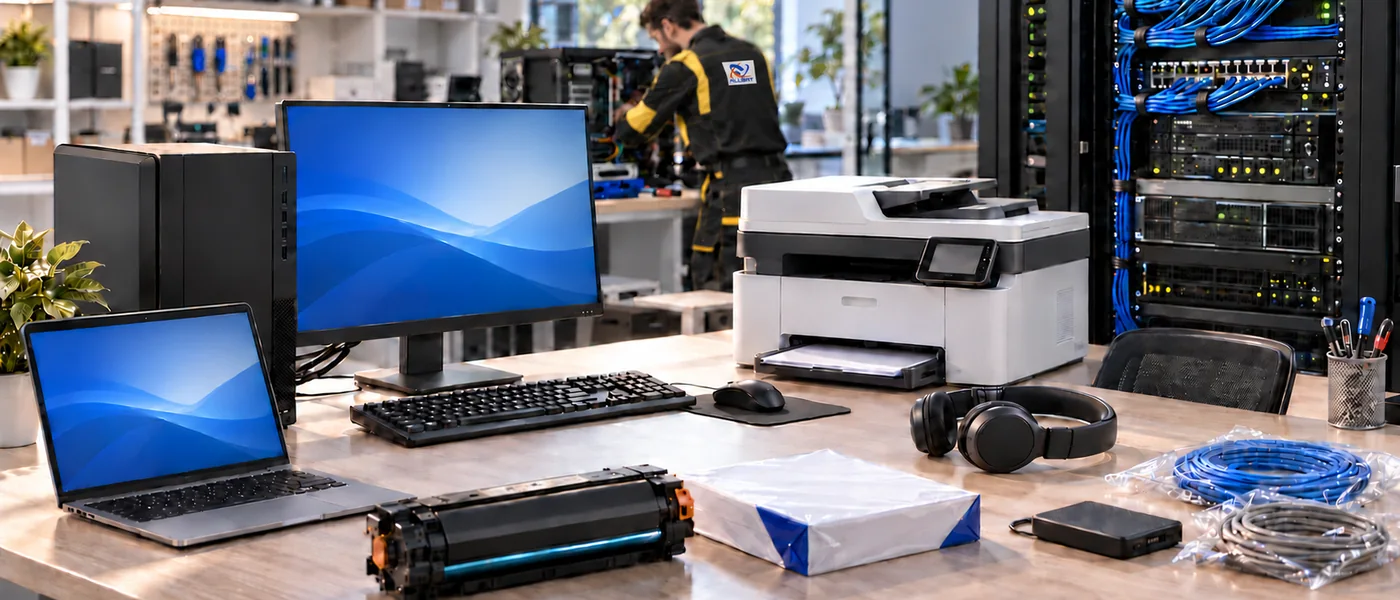 Postes, imprimante, consommables et baie réseau dans un bureau