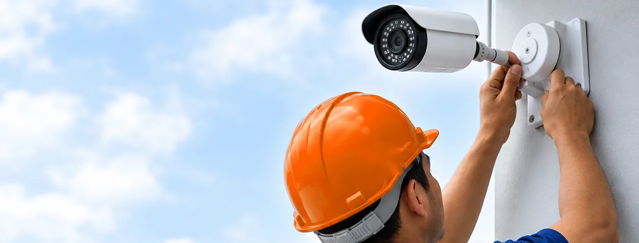 Technicien posant une caméra sur un mur extérieur